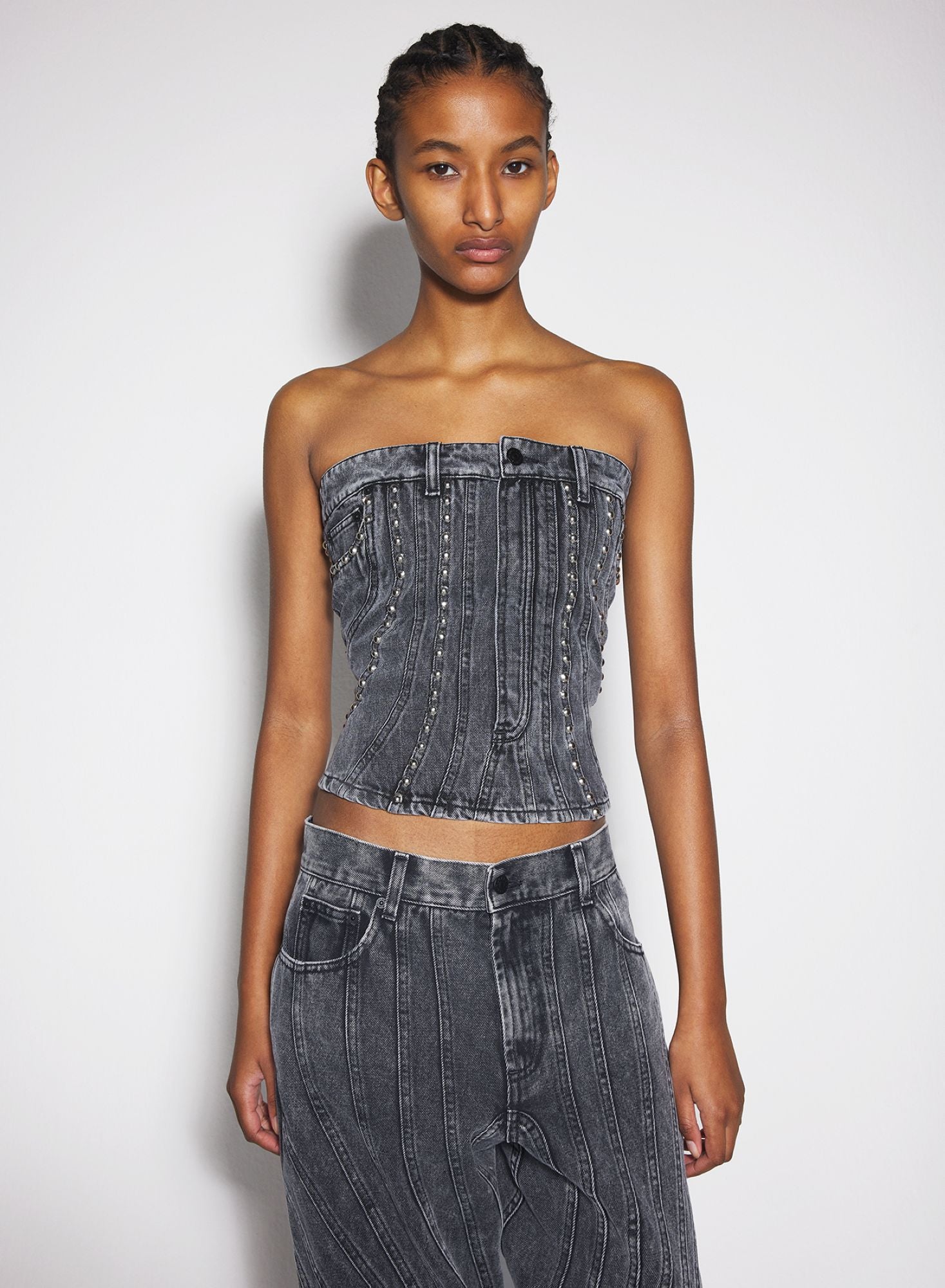 WASHED BLACK SPIRAL DENIM STUDDED BUSTIER