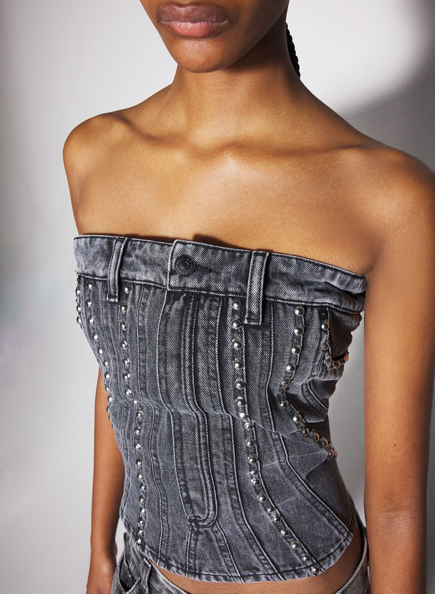 WASHED BLACK SPIRAL DENIM STUDDED BUSTIER