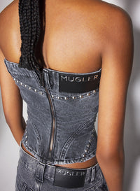 WASHED BLACK SPIRAL DENIM STUDDED BUSTIER