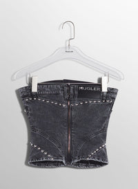 WASHED BLACK SPIRAL DENIM STUDDED BUSTIER