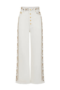 Embroidered denim button-down trousers - Off White Denim