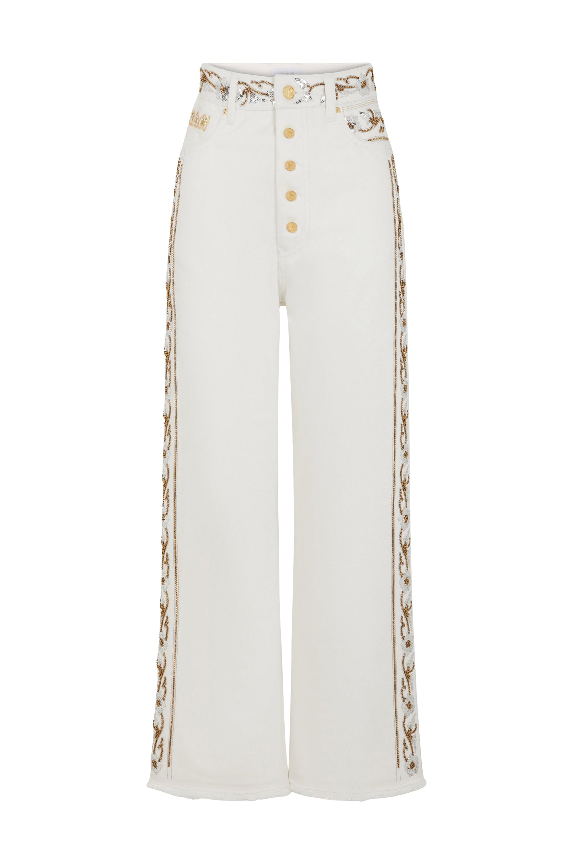 Embroidered denim button-down trousers - Off White Denim