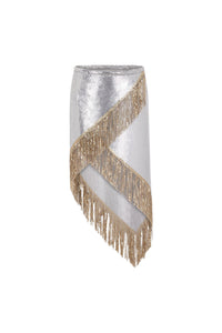 Asymetrical chainmail skirt with golden metalic fringes