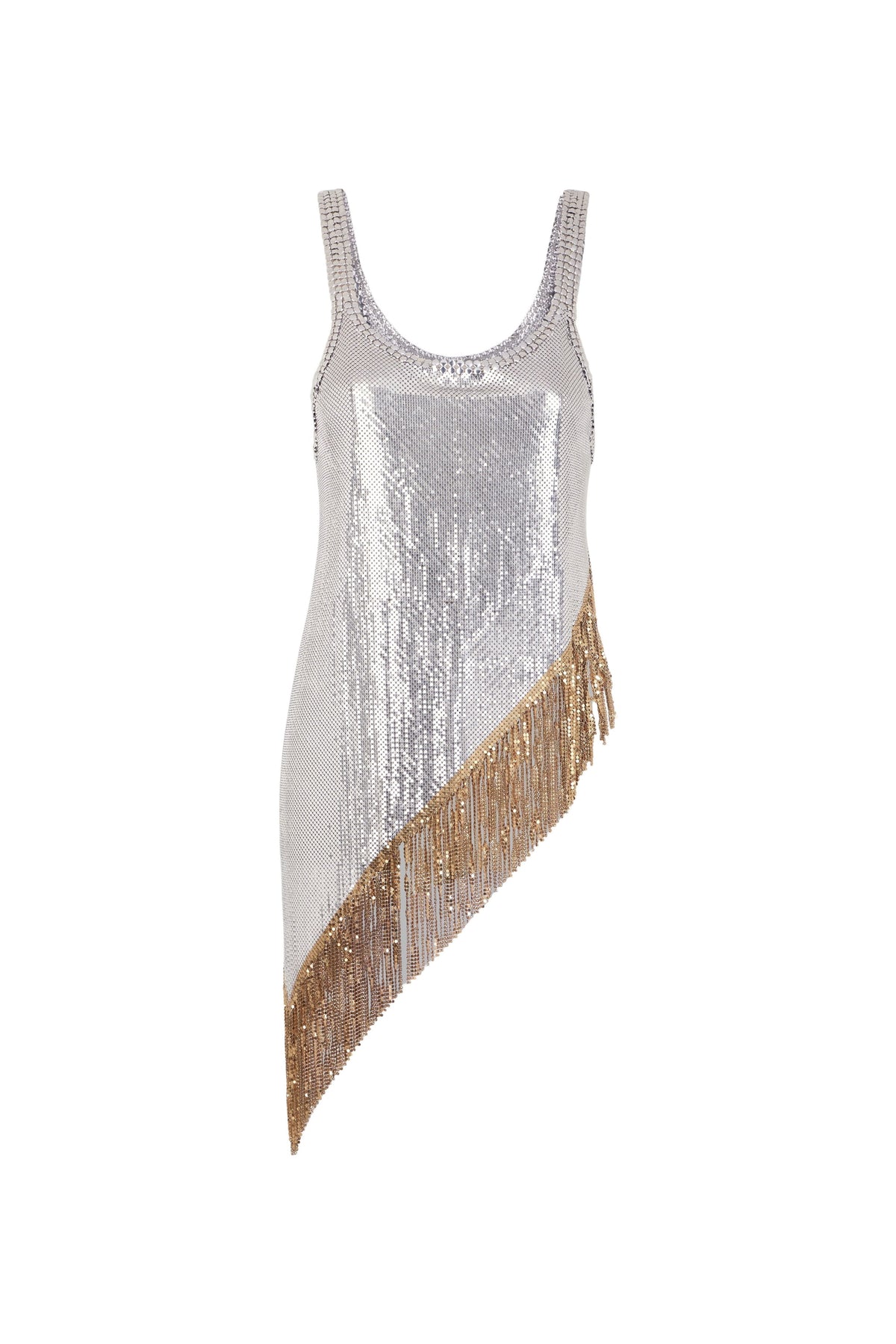 Asymetrical chainmail top with golden metallic fringes