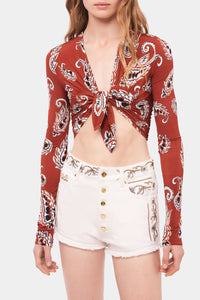 Long-sleeved printed crop top - Paisley Terracotta