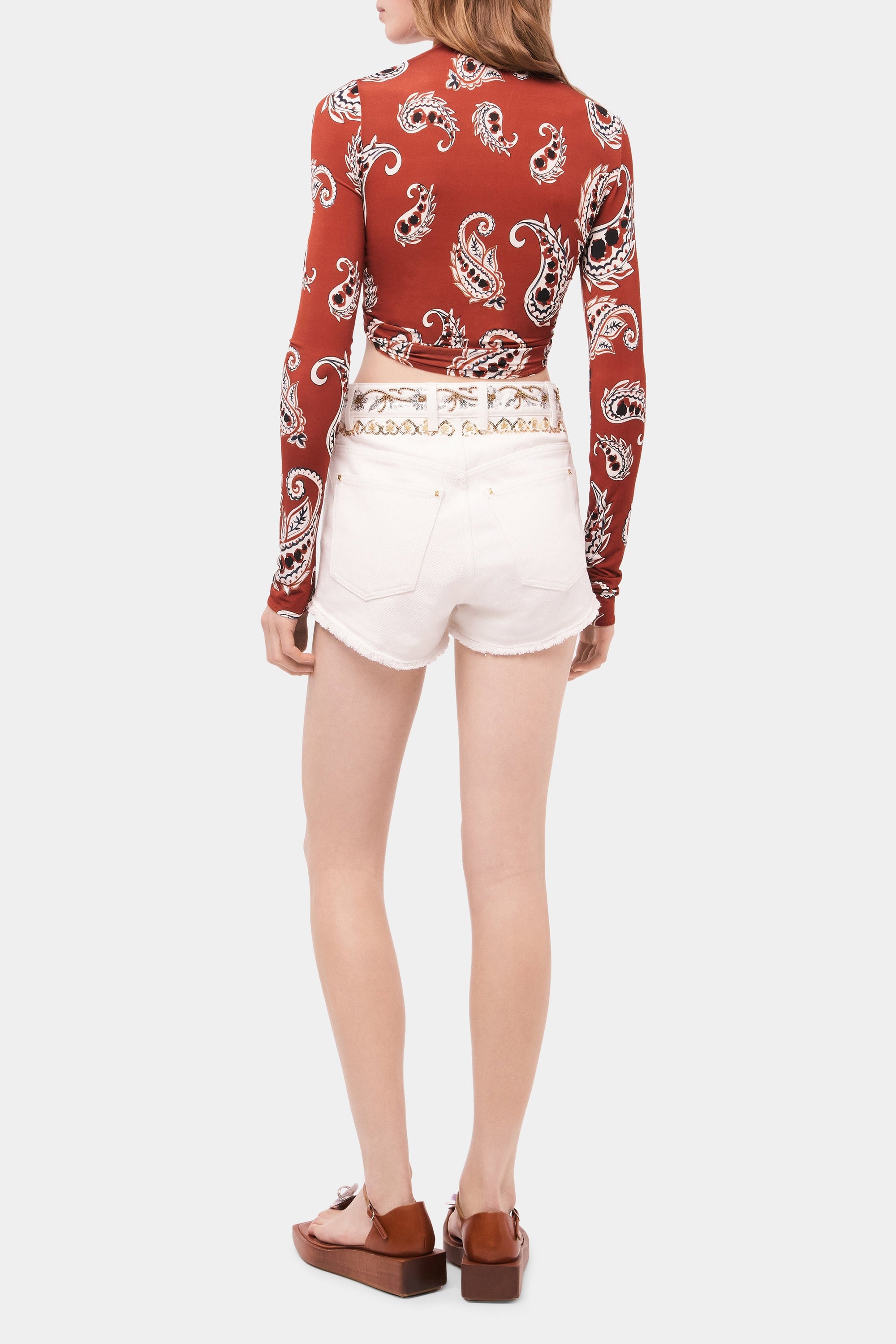 Long-sleeved printed crop top - Paisley Terracotta