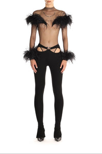 FEATHER EMBROIDERED TULLE BODYSUIT