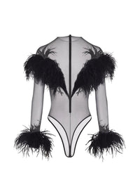 BLACK/BLACK // black feather sheer bodysuit