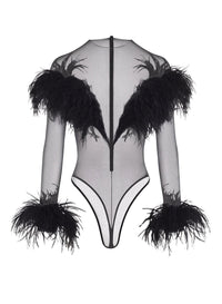 FEATHER EMBROIDERED TULLE BODYSUIT