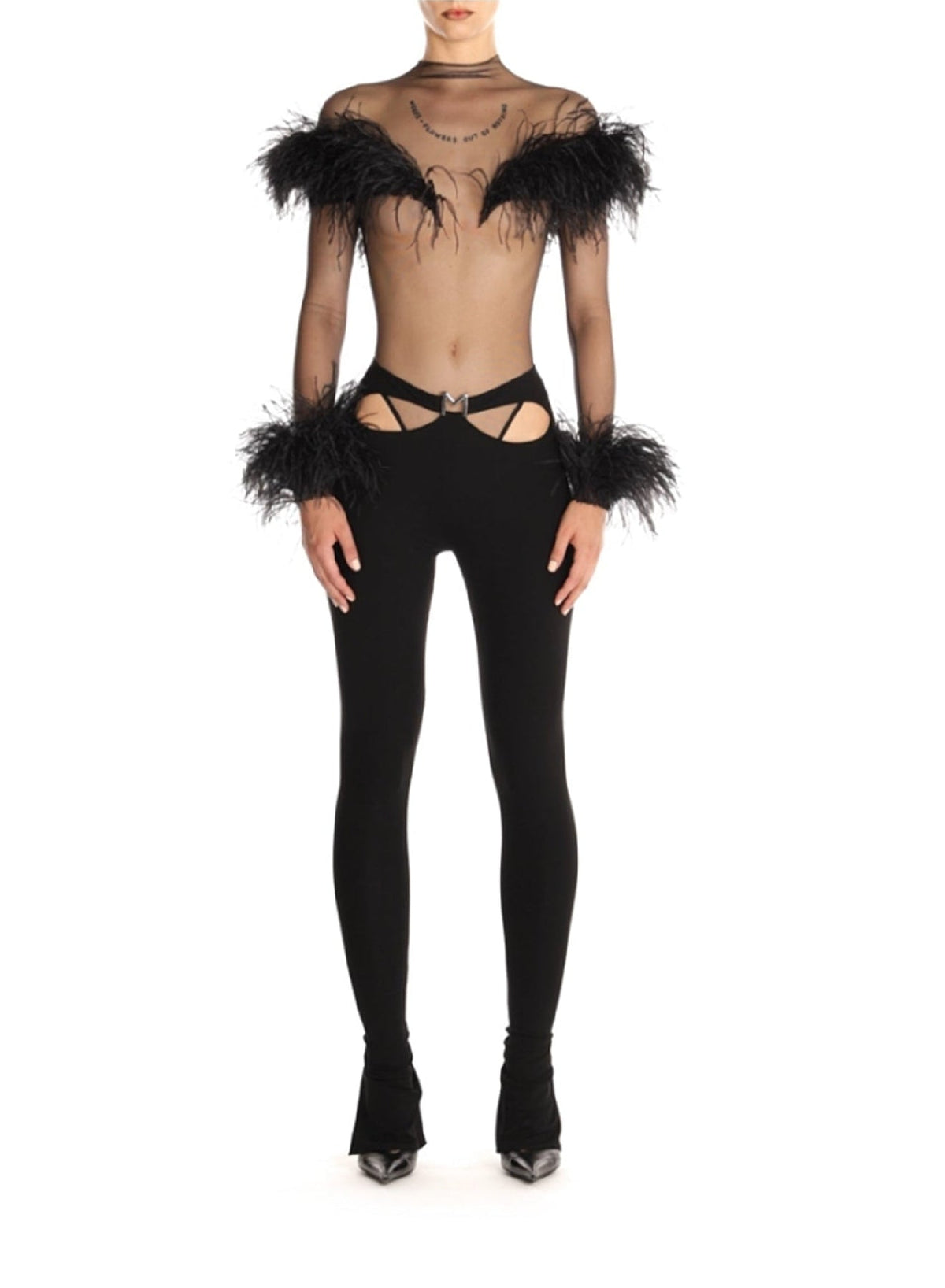 BLACK/BLACK // black feather sheer bodysuit