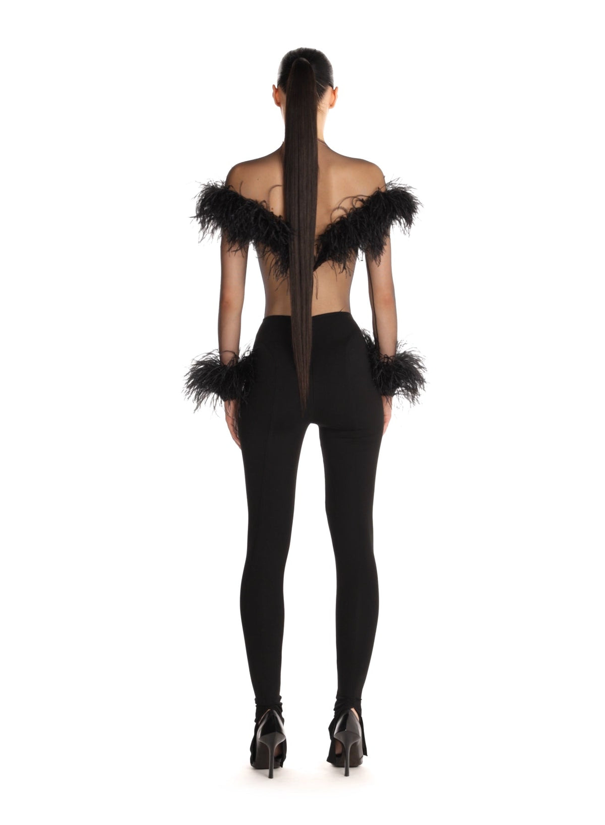 BLACK/BLACK // black feather sheer bodysuit