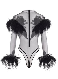 BLACK/BLACK // black feather sheer bodysuit
