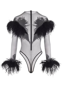 FEATHER EMBROIDERED TULLE BODYSUIT