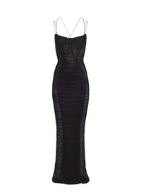 BLACK DRAPED MESH DRESS
