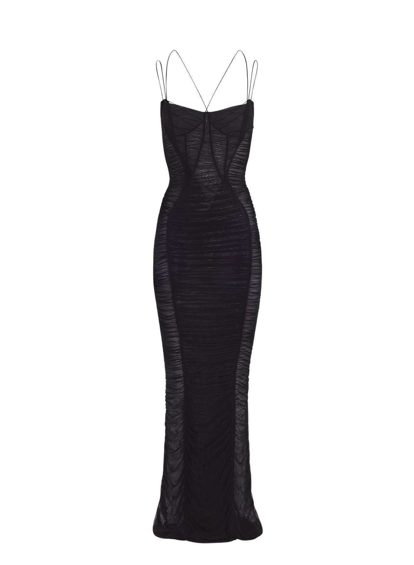 BLACK DRAPED MESH DRESS