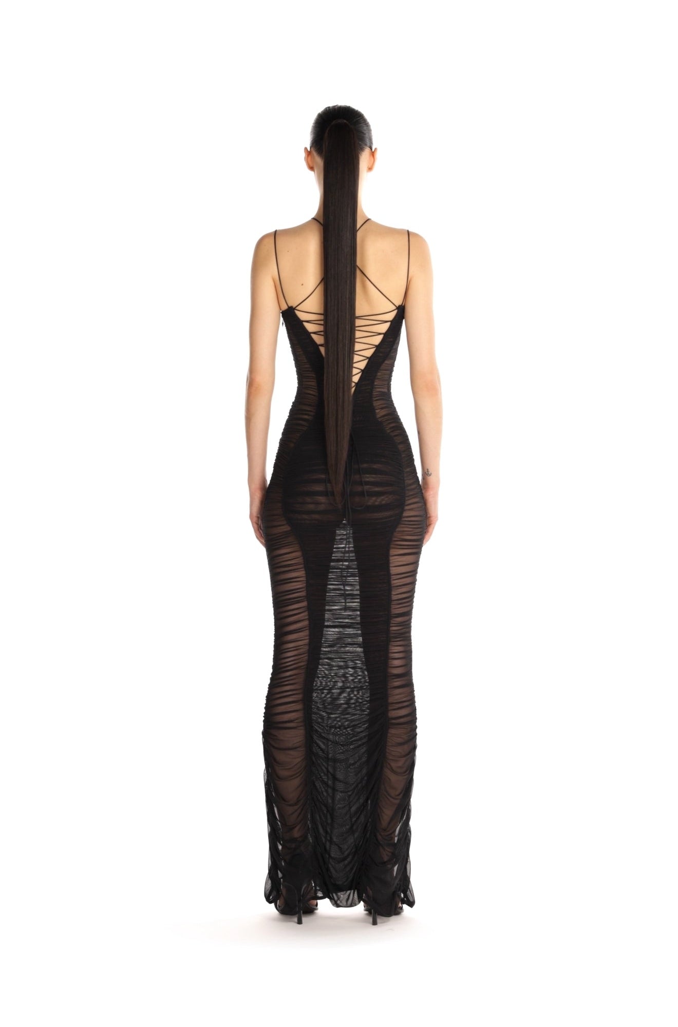 BLACK DRAPED MESH DRESS