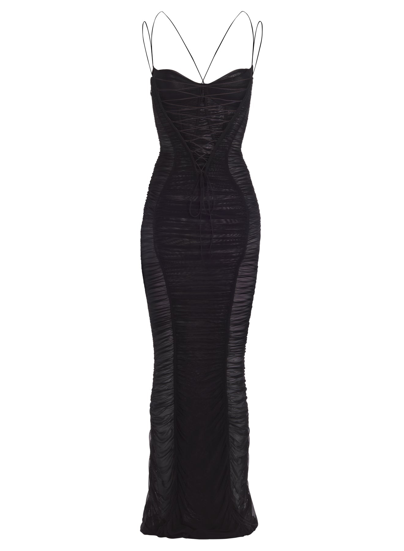BLACK DRAPED MESH DRESS