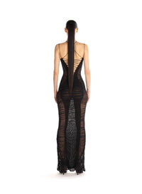 BLACK // black draped mesh dress