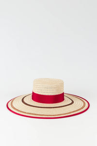 Capeline Annie en paille naturelle avec bandes - Natural, Fuchsia & Brown