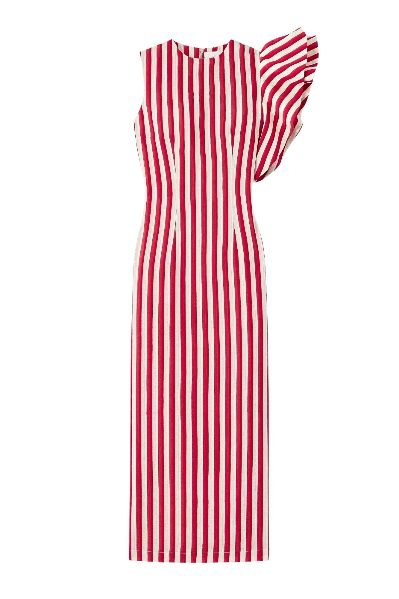 1qty RELIQUAT 170€ / RED & ECRU FRANZ STRIPES robe rayée avec détail volanté asymétrique