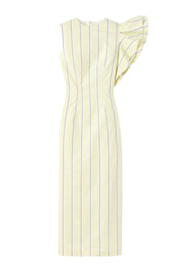 36qty RELIQUAT 170€ / PALE YELLOW & LILAC FRANZ SOFT STRIPES robe rayée avec détail volanté asymétrique