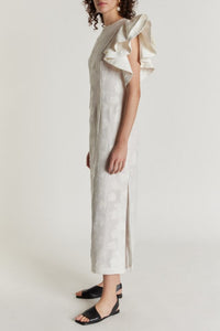 Robe longue Franz en jacquard avec un volant - White