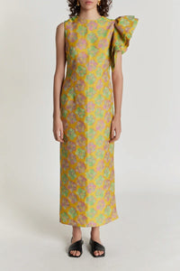 12qty RELIQUAT 170€ / YELLOW, PINK & LIGHT GREEN FRANZ FLOWER Robe midi fleurie avec détails volantés asymétriques