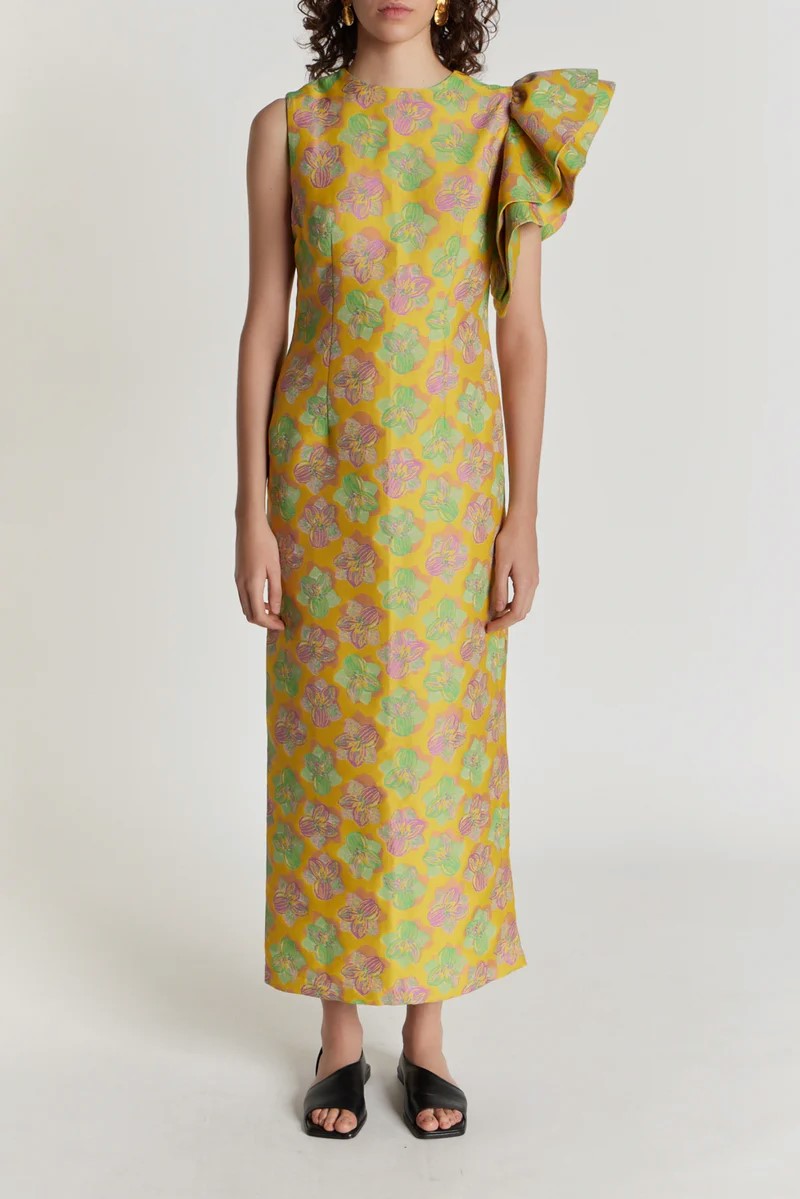 12qty RELIQUAT 170€ / YELLOW, PINK & LIGHT GREEN FRANZ FLOWER Robe midi fleurie avec détails volantés asymétriques