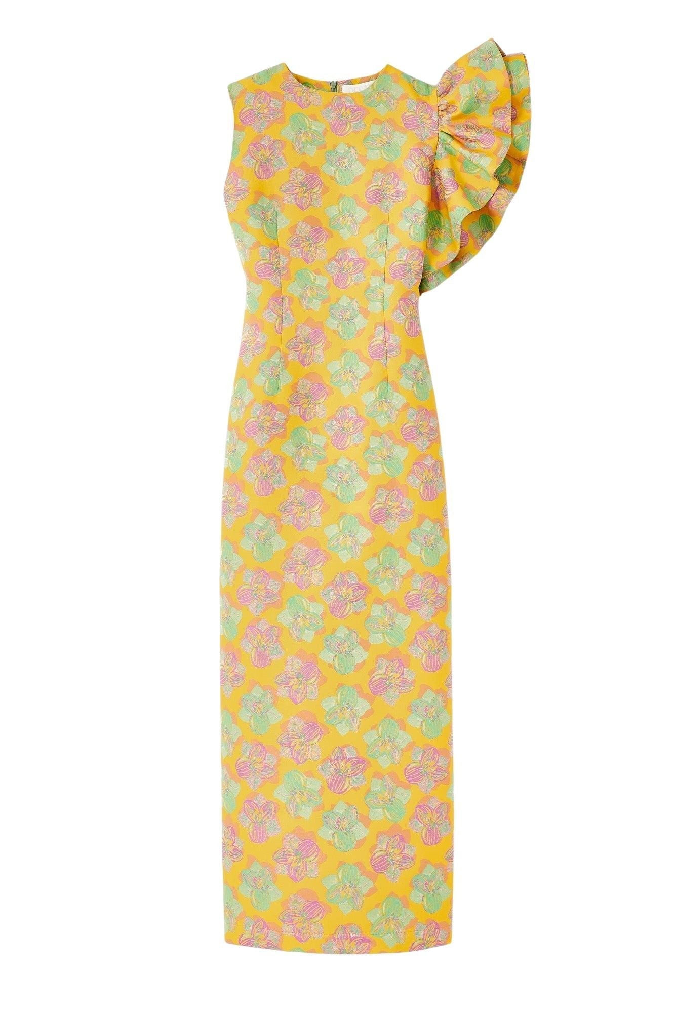 12qty RELIQUAT 170€ / YELLOW, PINK & LIGHT GREEN FRANZ FLOWER Robe midi fleurie avec détails volantés asymétriques