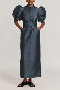 Robe longue Amoako à manches bouffante en satin - Slate Grey