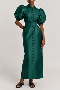 Robe longue Amoako à manches bouffante en satin - Forest