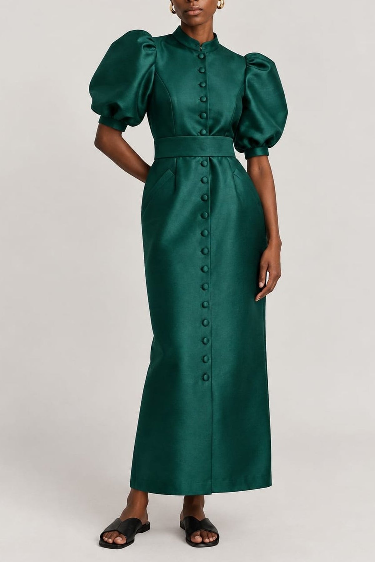 Robe longue Amoako à manches bouffante en satin - Forest