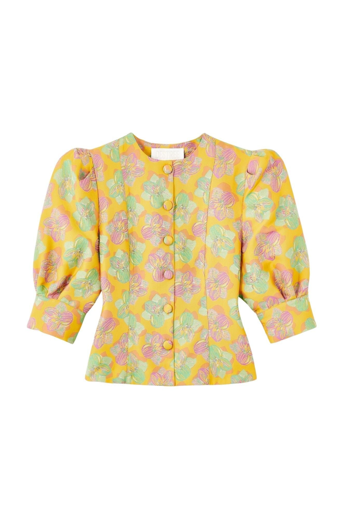 YELLOW, PINK & LIGHT GREEN JASPER FLOWERS Chemisier fleuri à manches bouffantes