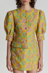 YELLOW, PINK & LIGHT GREEN JASPER FLOWERS Chemisier fleuri à manches bouffantes
