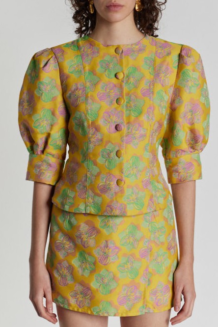 YELLOW, PINK & LIGHT GREEN JASPER FLOWERS Chemisier fleuri à manches bouffantes