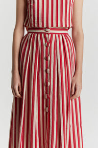 RED & ECRU IRVING STRIPES jupe longue rayée avec détails boutonnés