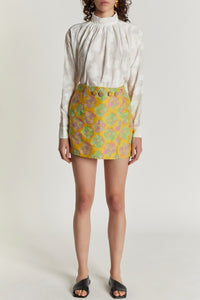 YELLOW, PINK & LIGHT GREEN JEAN FLOWER  Jupe-short