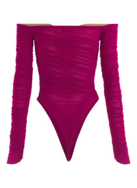MAGENTA RUCHED MESH BODYSUIT