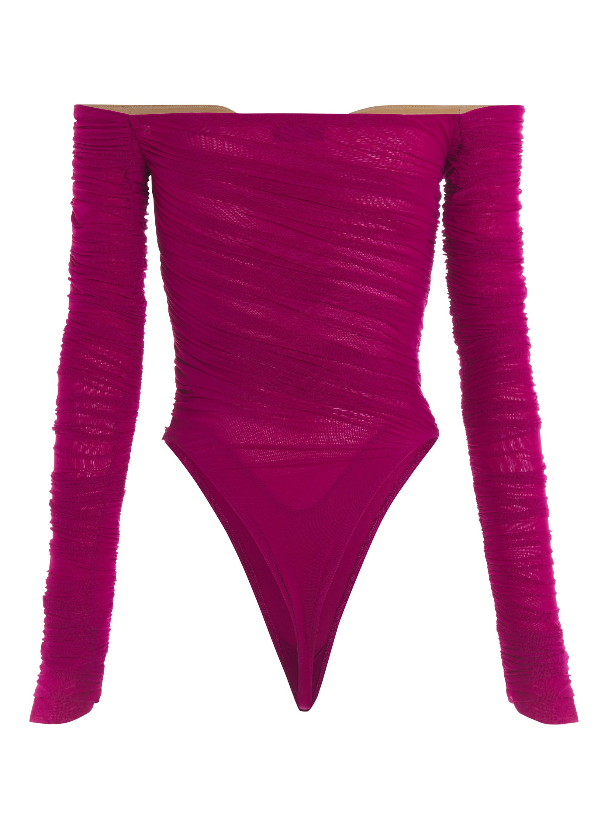 MAGENTA RUCHED MESH BODYSUIT