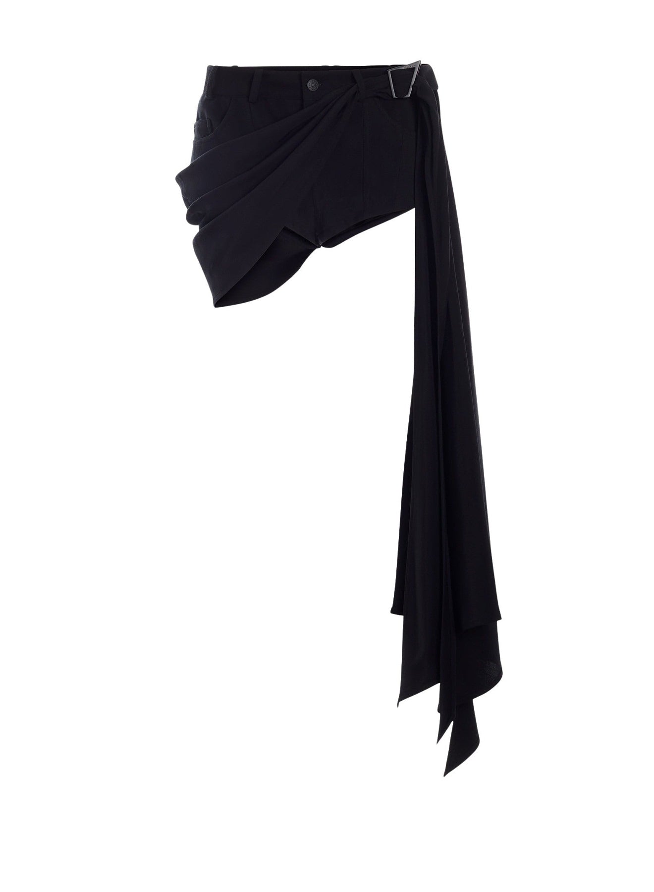 BLACK DRAPED SPIRAL DENIM SHORTS