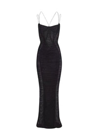 MAGENTA BACKLESS RUCHED MESH GOWN
