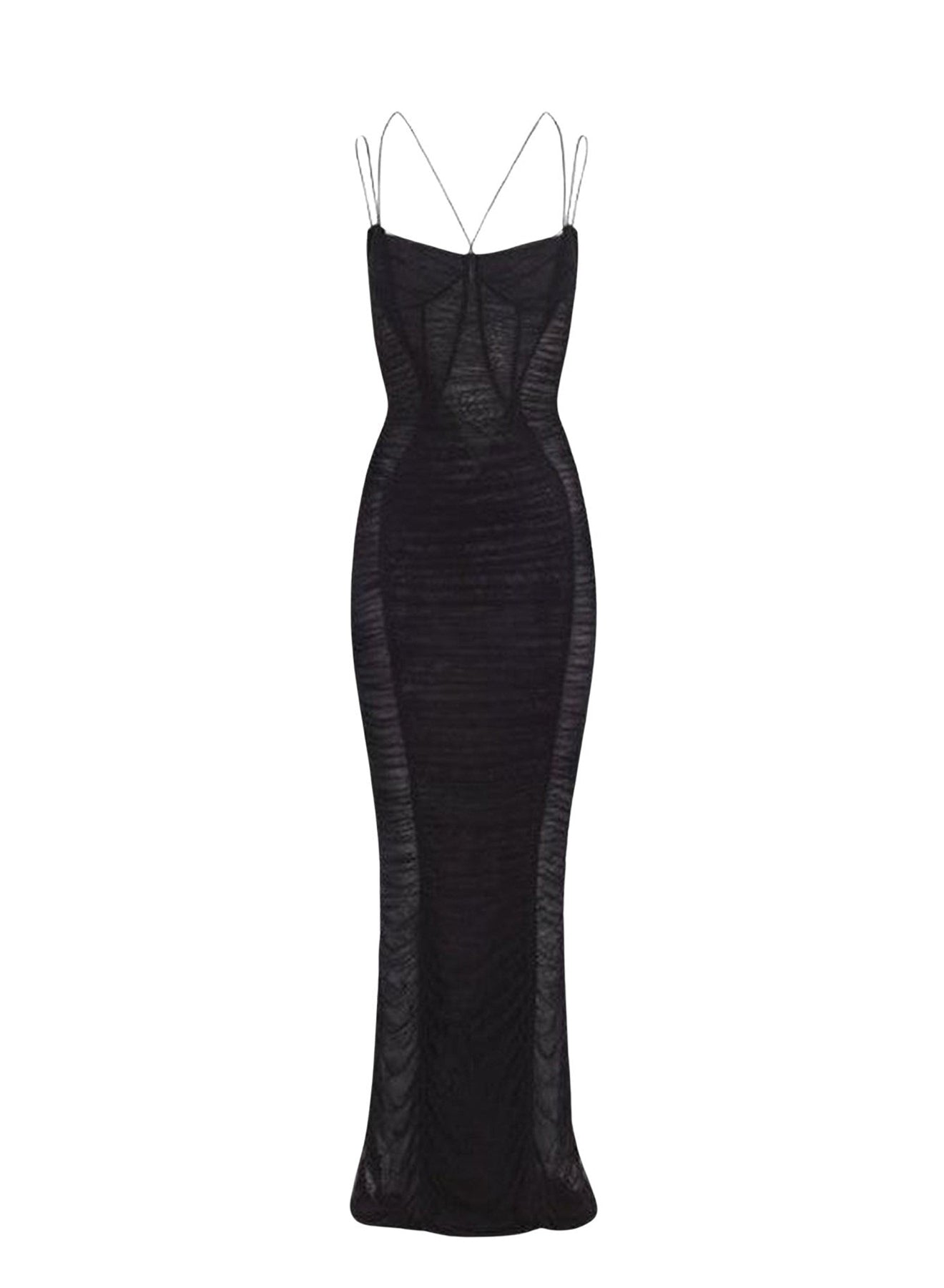 MAGENTA BACKLESS RUCHED MESH GOWN