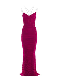 MAGENTA BACKLESS RUCHED MESH GOWN