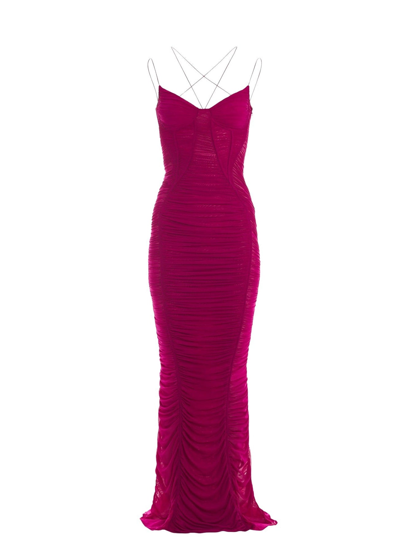 MAGENTA BACKLESS RUCHED MESH GOWN