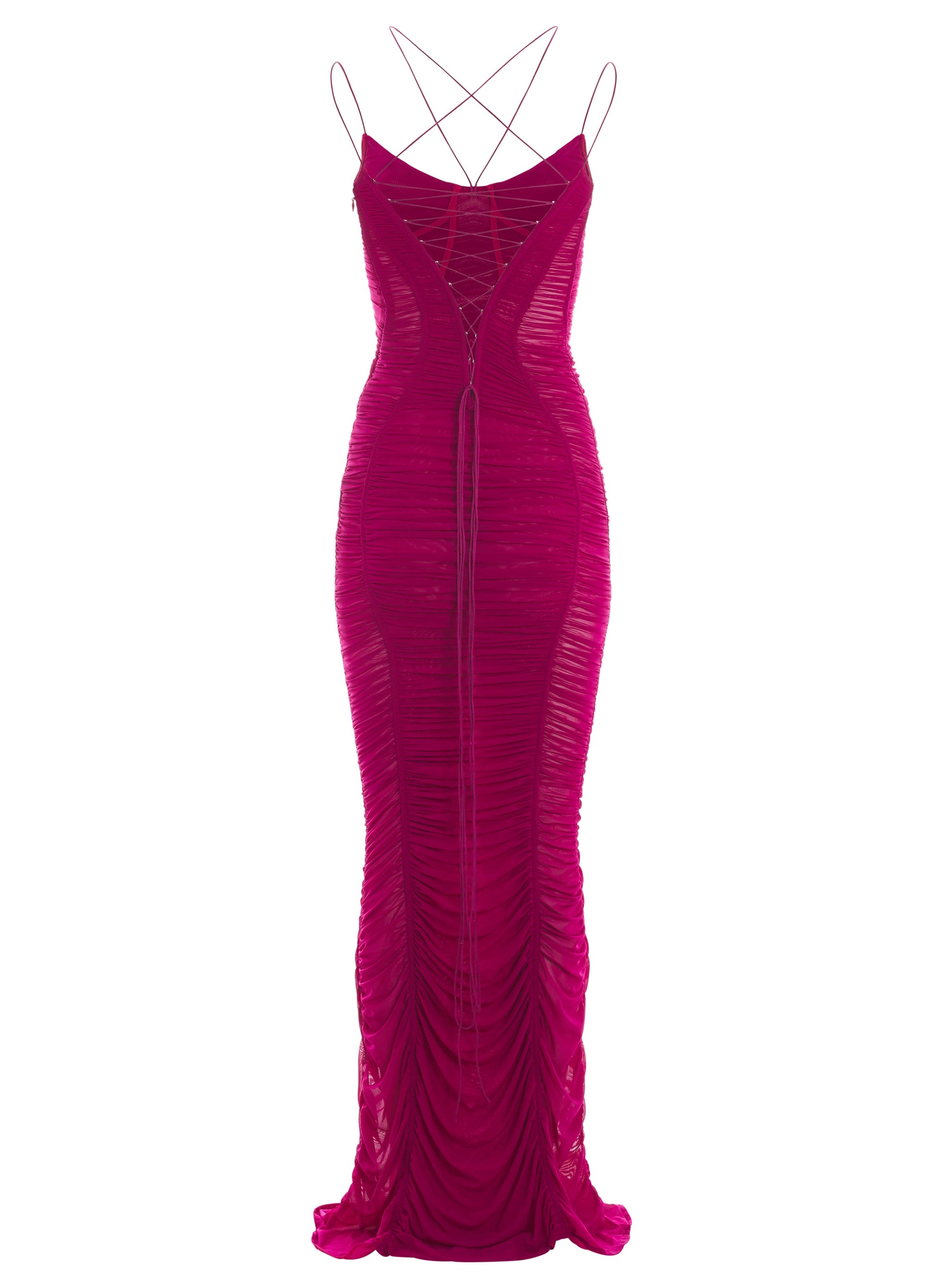MAGENTA BACKLESS RUCHED MESH GOWN