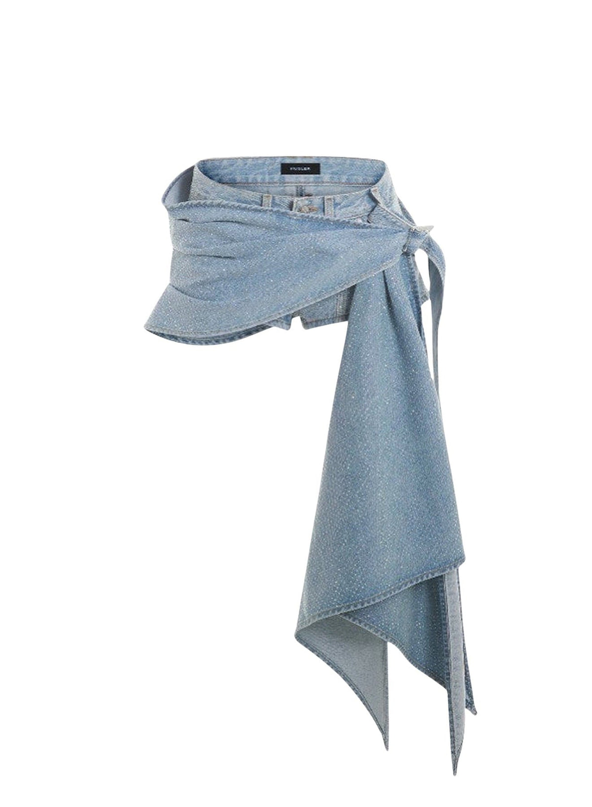 LIGHT BLUE // blue draped spiral denim rhinestone shorts