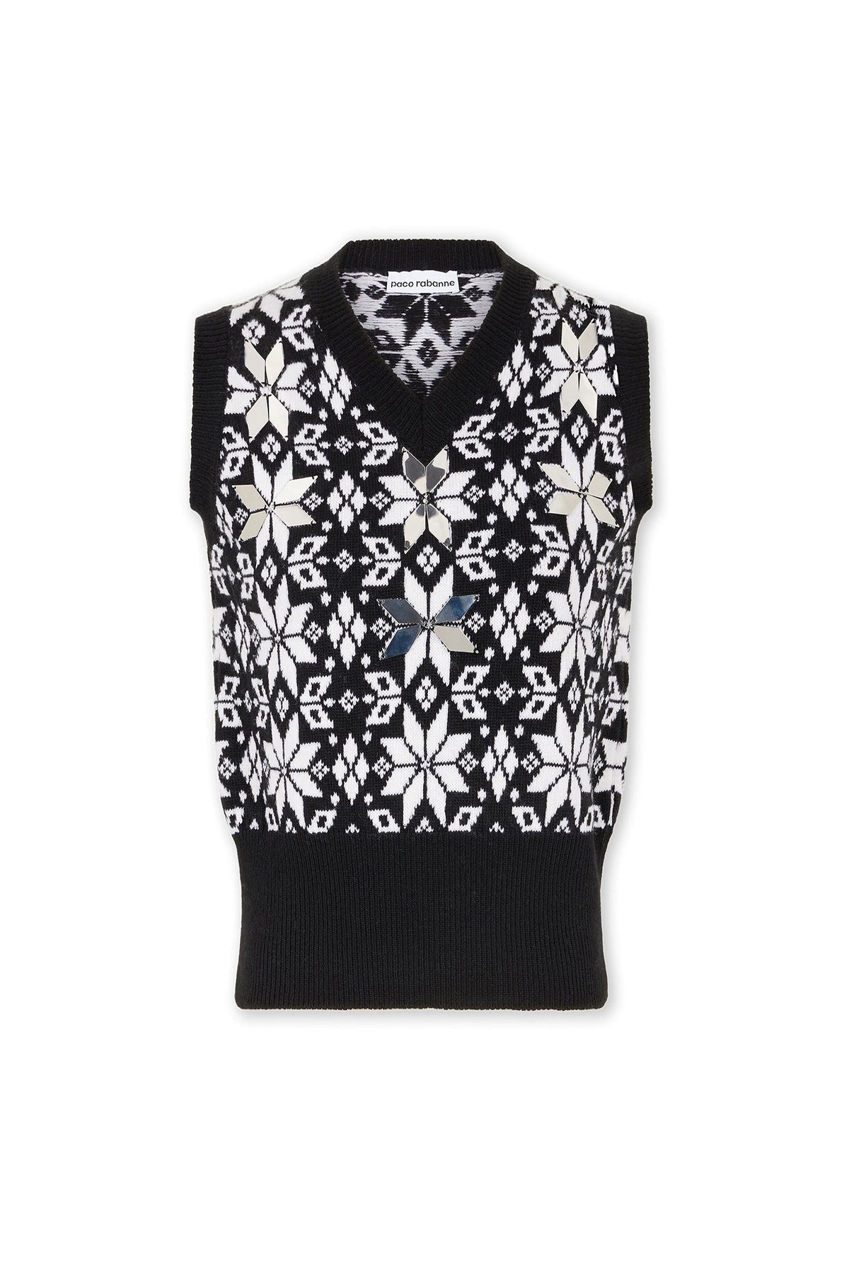 Pull sans manches en jaquard en laine - Jacquard Flocon Noir