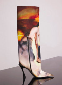 MUGLER X AMBERA WELLMANN PRINTED VELVET FANG 95 KNEE HIGH BOOTS
