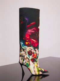 MUGLER X AMBERA WELLMANN PRINTED VELVET FANG 95 KNEE HIGH BOOTS