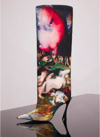 PRINT MULTICOLOR SHOES 3 // Mugler x Ambera Wellmann printed velvet fang 95 knee high boots